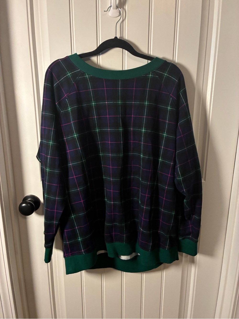 crown & ivy Navy Plaid Crewneck Sweater with Green Trim and Purple Grid
